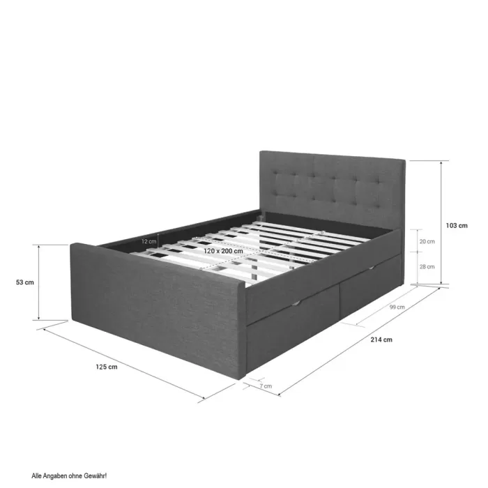 Polsterbett 120x200 - Futonbett mit zwei Bettkästen - Farbe: Grau