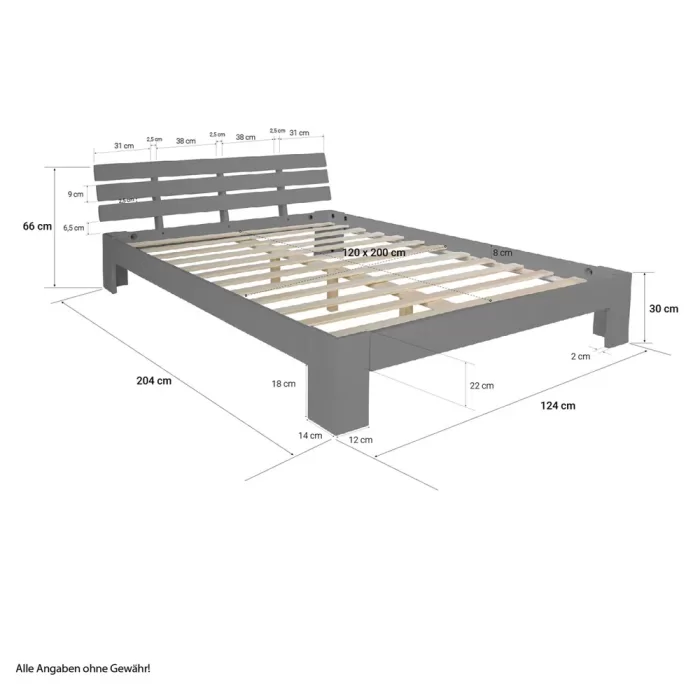 Massivholzbett 120×200 – Futonbett mit Rückenlehne – Farbe: Grau