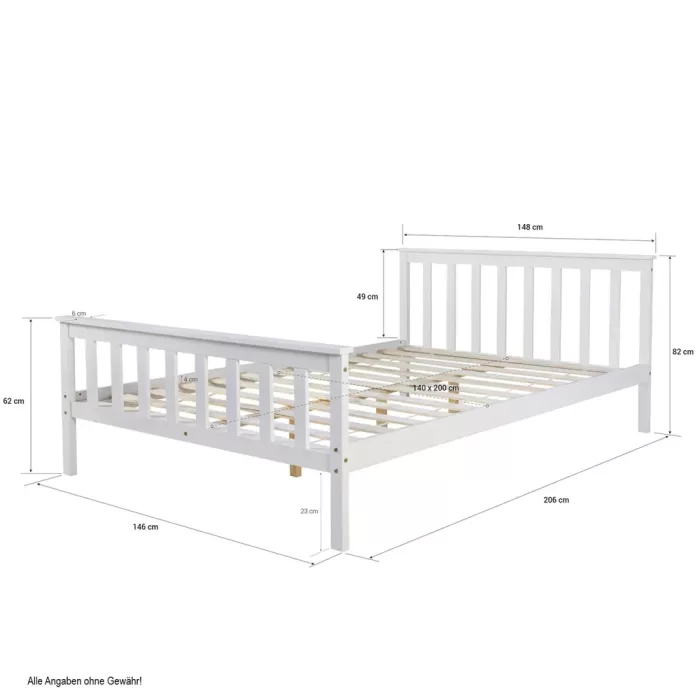 Massivholzbett 140x200 - Doppelbett mit hohem Kopf- und Fußteil - Farbe: Weiß