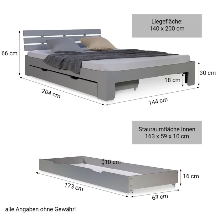 Massivholzbett 140×200 – Doppelbett mit Rückenlehne und Schublade – Farbe: Grau