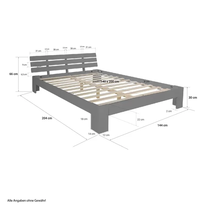 Massivholzbett 140×200 – Doppelbett mit Rückenlehne – Farbe: Grau