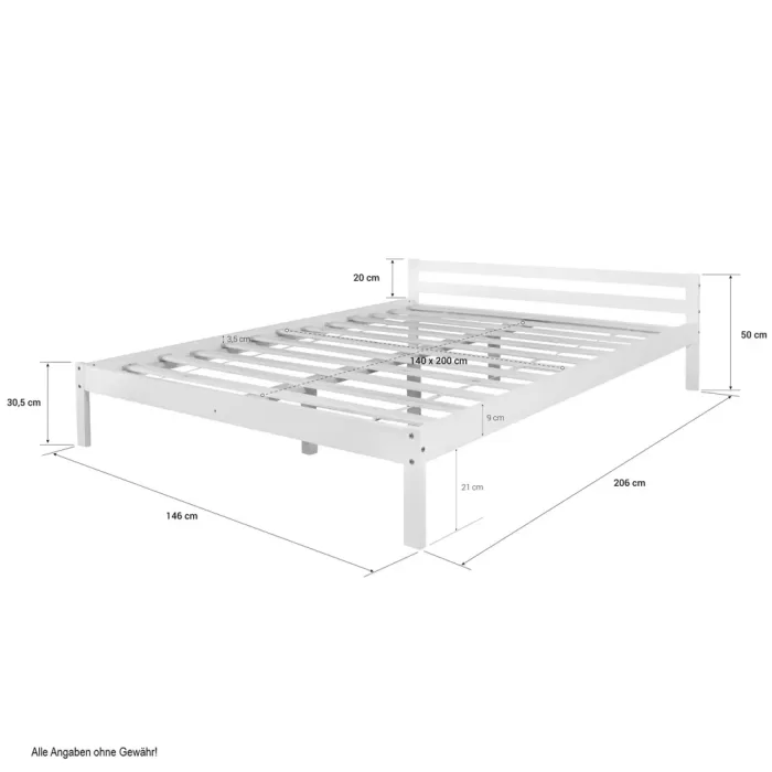 Massivholzbett 140x200 - Doppelbett mit Rückenlehne - Farbe: Weiß