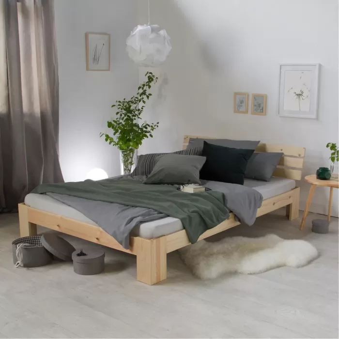 Massivholzbett 140×200 – Doppelbett mit Rückenlehne und Schublade – Farbe: Natur