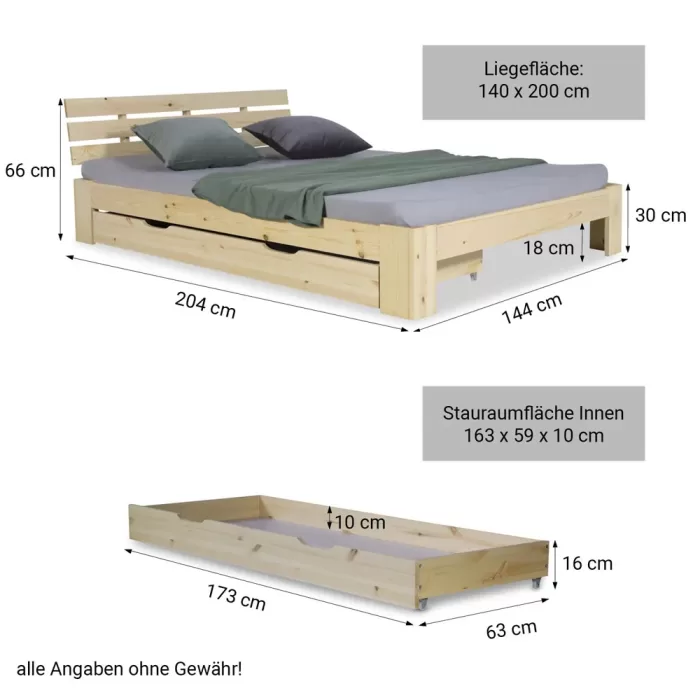 Massivholzbett 140×200 – Doppelbett mit Rückenlehne und Schublade – Farbe: Natur