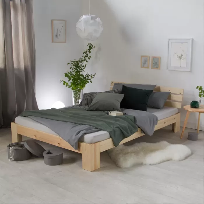 Massivholzbett 140×200 – Doppelbett mit Rückenlehne – Farbe: Natur