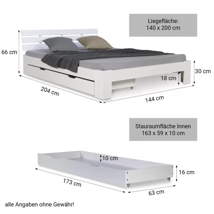 Massivholzbett 140×200 – Doppelbett mit Rückenlehne und Schublade – Farbe: Weiß