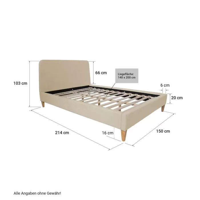 Polsterbett 140x200 - Doppelbett mit hohem Kopfteil - Farbe: Beige