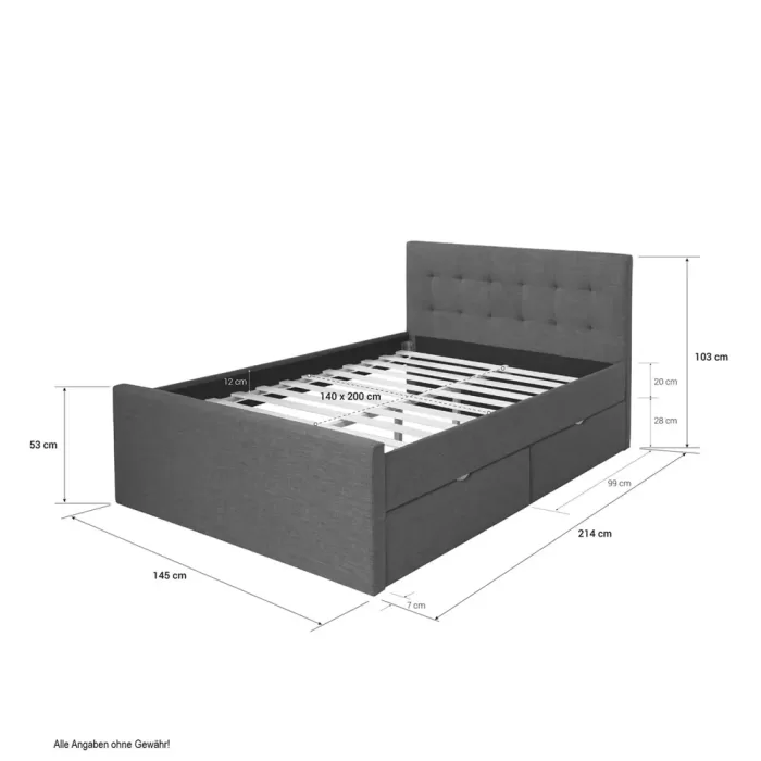 Polsterbett 140x200 - Doppelbett mit zwei Bettkästen - Farbe: Grau