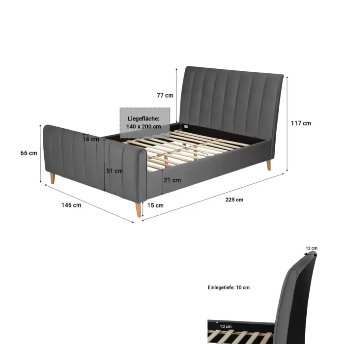 Polsterbett 140x200 - Doppelbett mit hohem Kopf- und Fußteil - Farbe: Grau