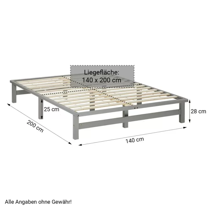 Massivholz Doppelbett 140×200 – Palettenbett mit zwei Bettkästen – Farbe: Grau