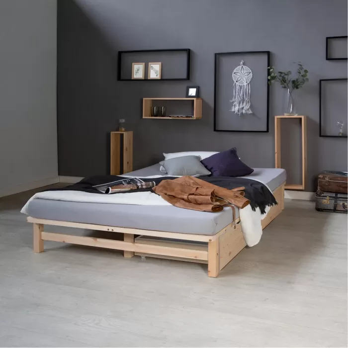 Massivholz Doppelbett 140×200 – Palettenbett mit zwei Bettkästen – Farbe: Natur