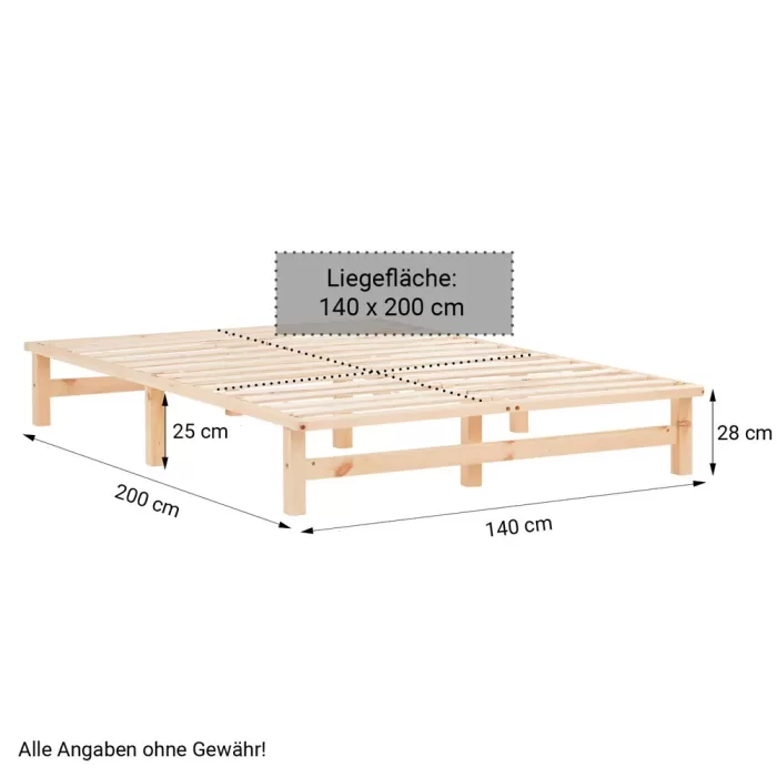 Massivholz Doppelbett 140×200 – Palettenbett mit zwei Bettkästen – Farbe: Natur