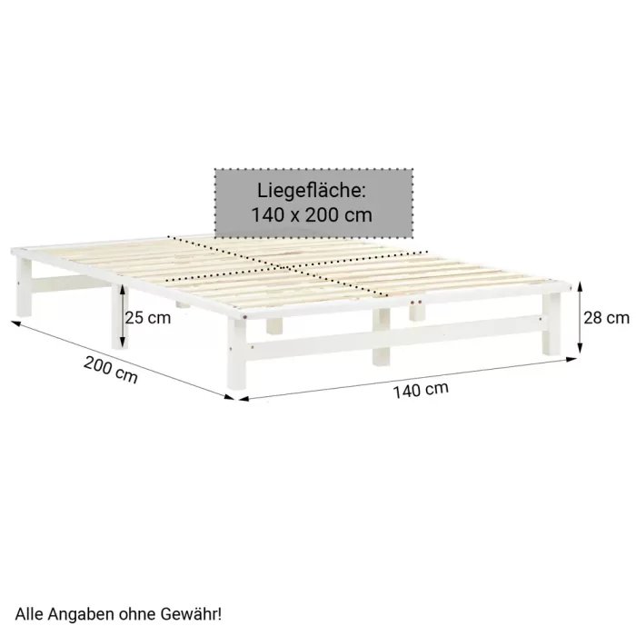 Massivholz Doppelbett 140×200 – Palettenbett mit zwei Bettkästen – Farbe: Weiß