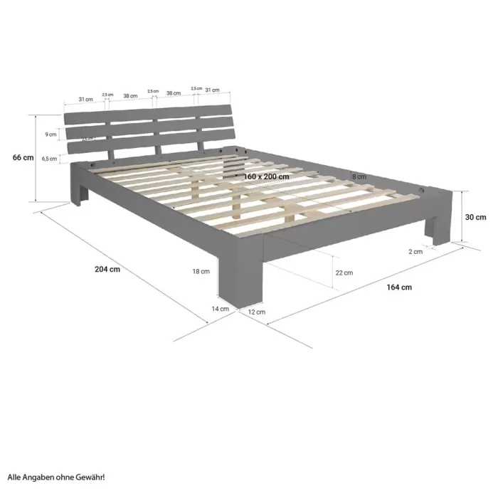 Massivholzbett 160×200 – Doppelbett mit Rückenlehne – Farbe: Grau