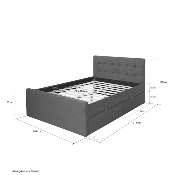 Polsterbett 160x200 - Doppelbett mit zwei Bettkästen - Farbe: Grau