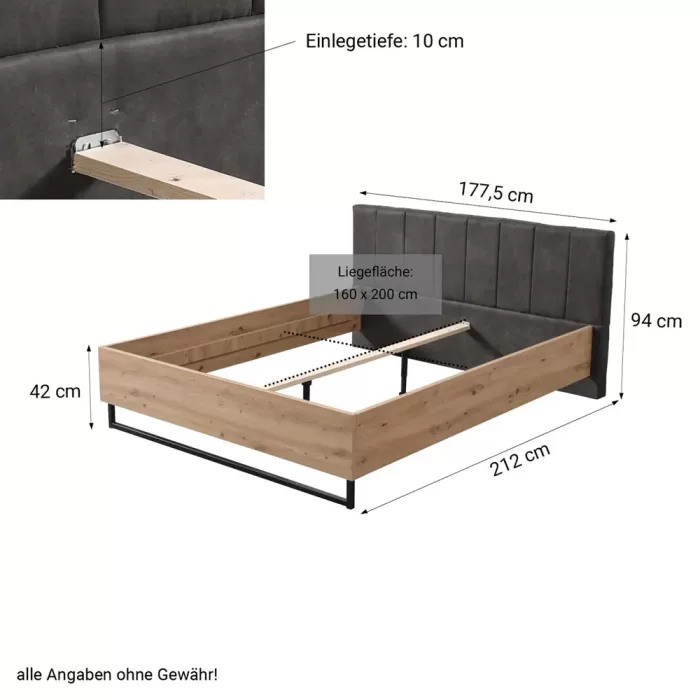 Industrial Design Bett 160x200 - Doppelbett mit hohem Kopfteil - Farbe: Natur mit Grau