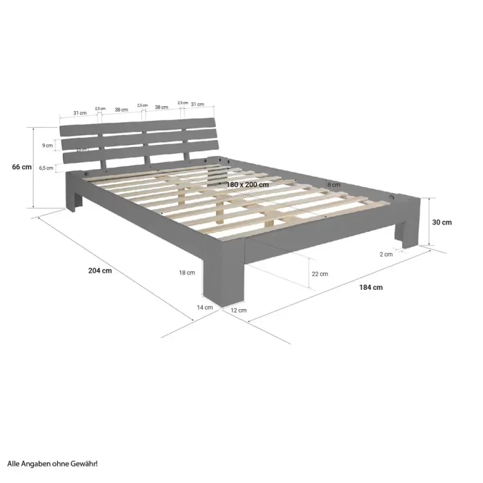 Massivholzbett 180×200 – Doppelbett mit Rückenlehne – Farbe: Grau