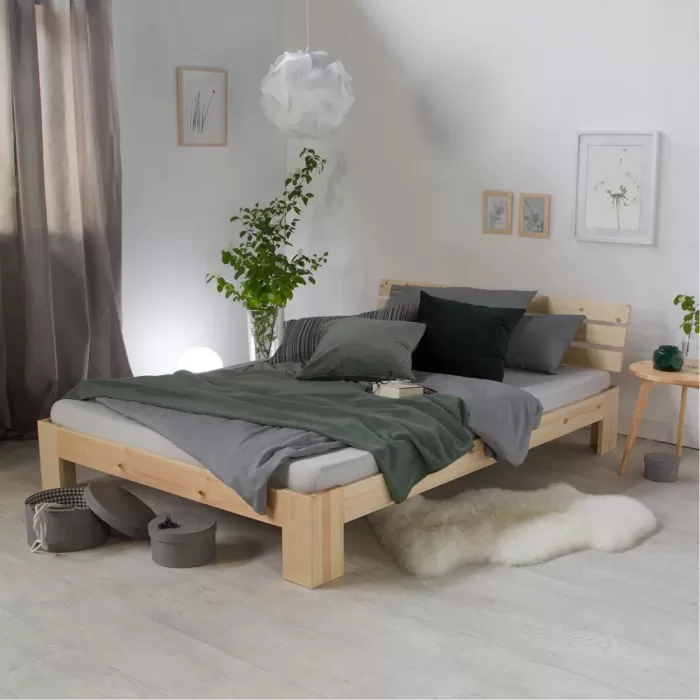 Massivholzbett 180×200 – Doppelbett mit Rückenlehne – Farbe: Natur