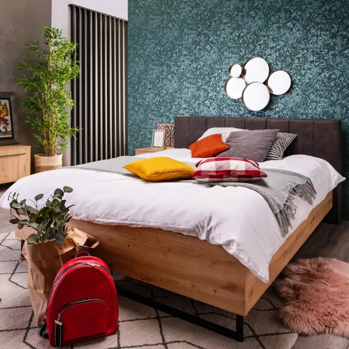 Industrial Design Bett 180x200 - Doppelbett mit hohem Kopfteil - Farbe: Natur mit Grau