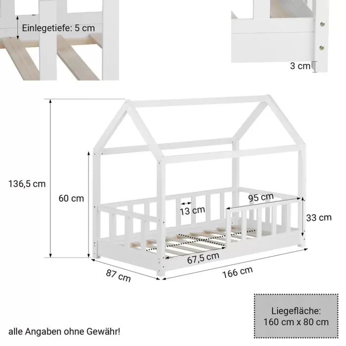 Hausbett 80x160 - Kinderbett mit Rausfallschutz - Farbe: Weiß