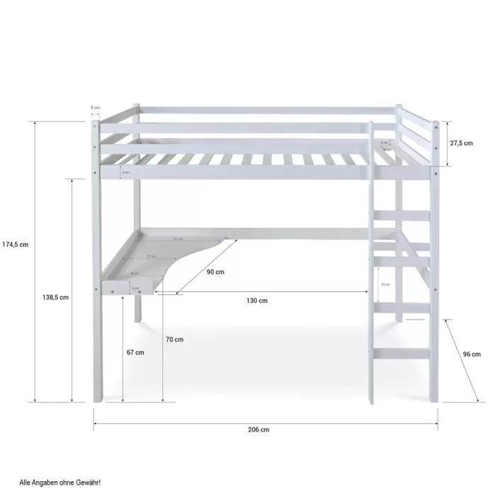 Hochbett 90x200 - Kinder- und Jugendbett mit Schreibtisch - Farbe: Weiß