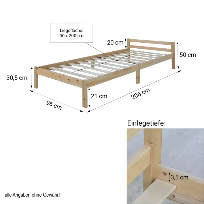 Massivholzbett 90x200 - Einzelbett mit Kopfteil - Farbe: Natur