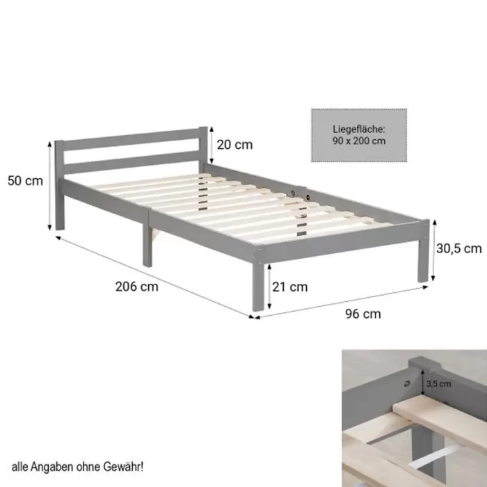 Massivholzbett 90x200 - Einzelbett mit Kopfteil - Farbe: Grau