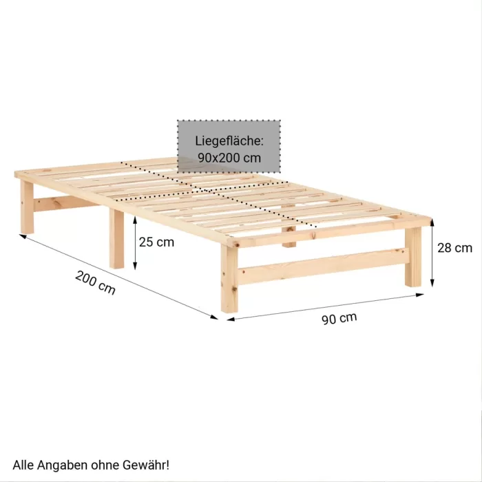 Massivholzbett 90×200 – Palettenbett mit zwei Bettkästen – Farbe: Natur