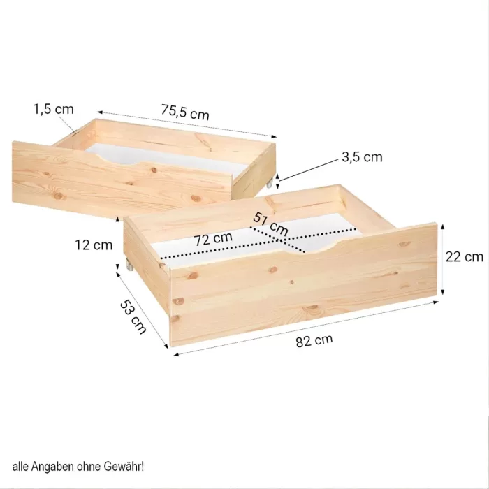 Massivholzbett 90×200 – Palettenbett mit zwei Bettkästen – Farbe: Natur