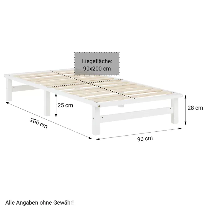 Massivholzbett 90x200 - Palettenbett ohne Kopfteil - Farbe: Weiß