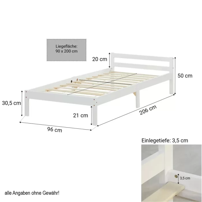 Massivholzbett 90x200 - Einzelbett mit Kopfteil - Farbe: Weiß