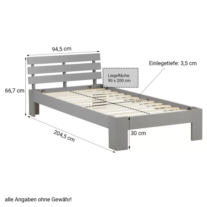 Massivholzbett 90×200 – Einzelbett mit Rückenlehne und Schublade – Farbe: Grau