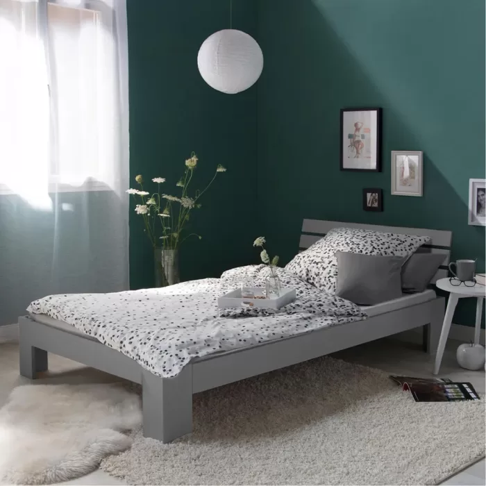 Massivholzbett 90×200 – Einzelbett mit Rückenlehne – Farbe: Grau