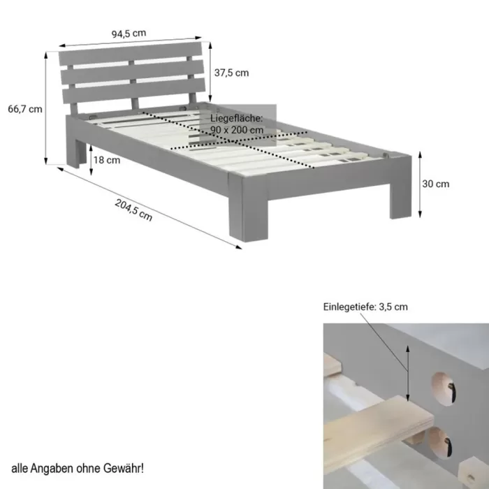 Massivholzbett 90×200 – Einzelbett mit Rückenlehne – Farbe: Grau