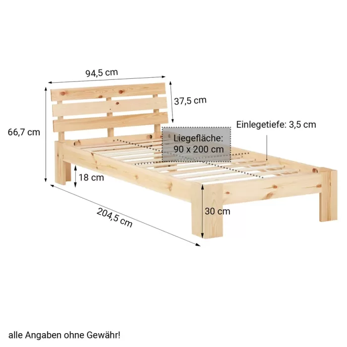 Massivholzbett 90x200 – Einzelbett mit Rückenrahmen - Farbe: Natur