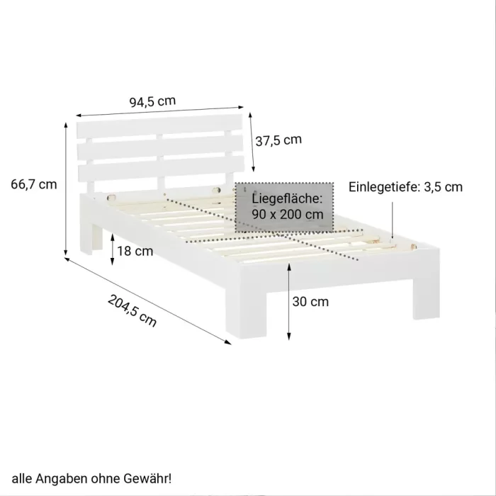 Massivholzbett 90×200 – Einzelbett mit Rückenlehne und Schublade – Farbe: Weiß