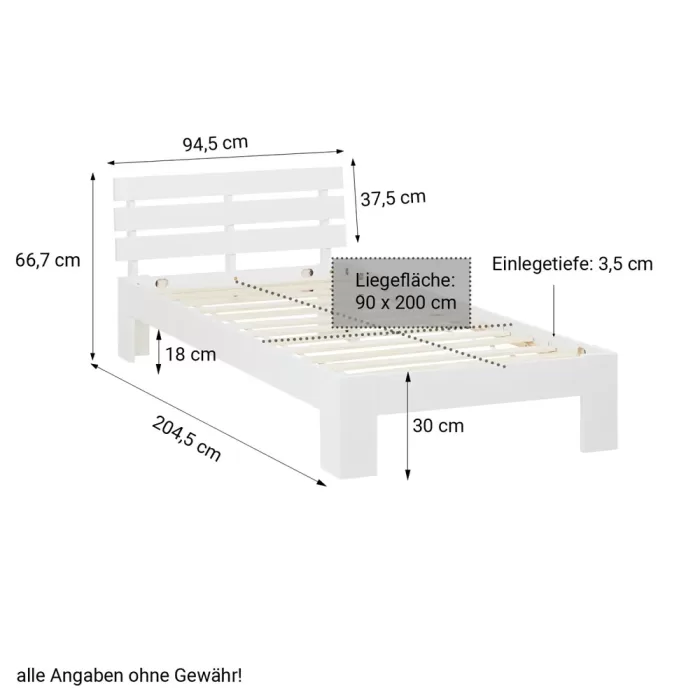 Massivholzbett 90×200 – Einzelbett mit Rückenlehne – Farbe: Weiß