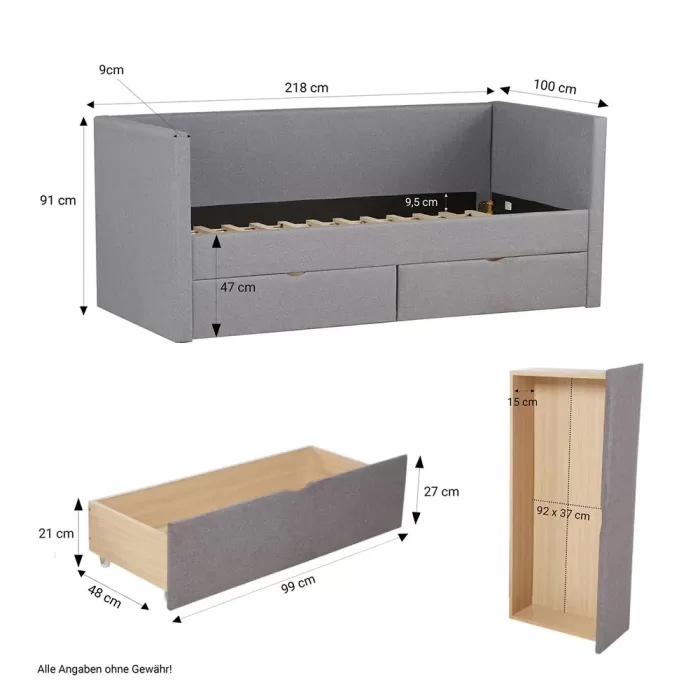 Schlafcouch 90x200 mit Stauraum - Schlafsofa mit zwei Bettkästen - Polsterbett in Grau