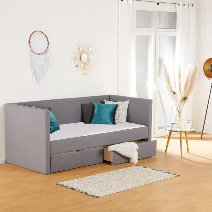 Schlafcouch 90x200 mit Stauraum - Schlafsofa mit zwei Bettkästen - Polsterbett in Grau