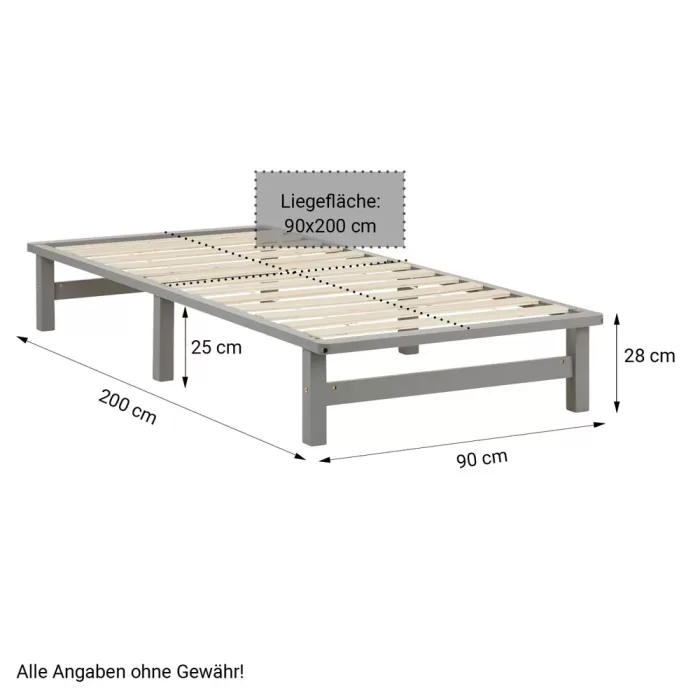 Massivholzbett 90×200 – Palettenbett mit zwei Bettkästen – Farbe: Grau