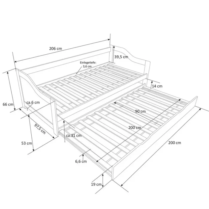 Ausziehbett 90x200 – Sofabett aus Holz mit zweitem Bett 90x200 – Farbe: Weiß