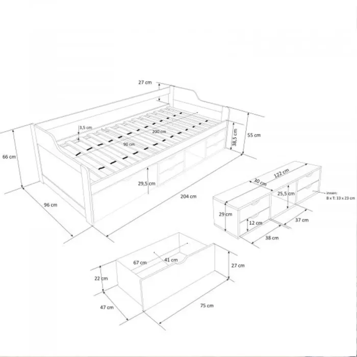 Schubladenbett mit Bettkasten und Schubladen 90×200 – Schlafsofa mit Stauraum – Farbe: Weiß