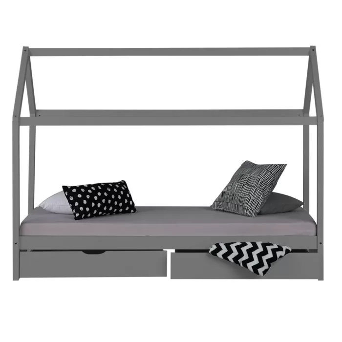 Hausbett 90x200 - Kinder- und Jugendbett mit zwei Bettkästen - Farbe: Grau