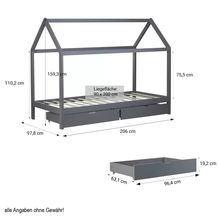 Hausbett 90x200 - Kinder- und Jugendbett mit zwei Bettkästen - Farbe: Grau