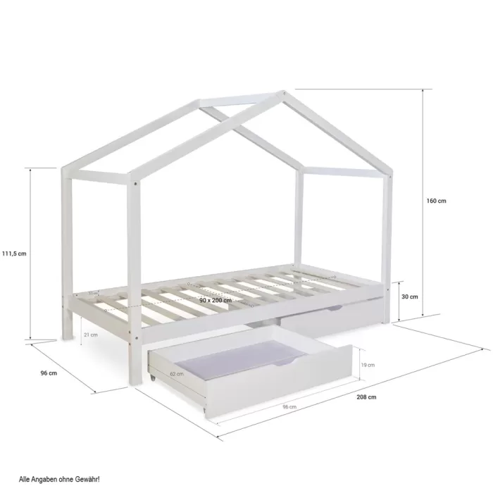 Hausbett 90x200 - Kinderbett mit Bettkästen - Farbe: Grau