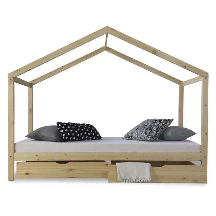 Hausbett 90x200 - Kinderbett mit Bettkästen - Farbe: Natur