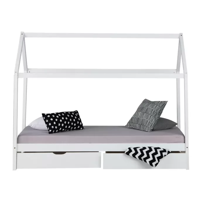 Hausbett 90x200 - Kinder- und Jugendbett mit zwei Bettkästen - Farbe: Weiß