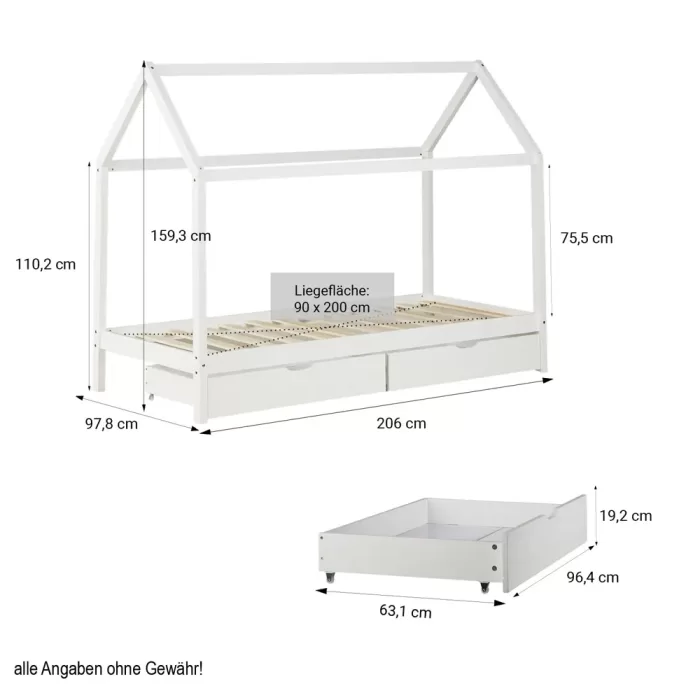 Hausbett 90x200 - Kinder- und Jugendbett mit zwei Bettkästen - Farbe: Weiß