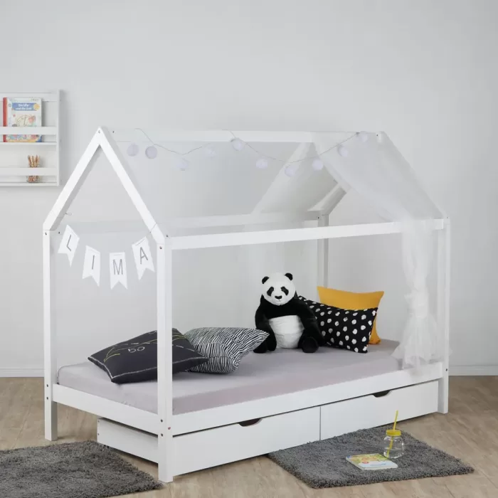 Hausbett 90x200 - Kinderbett mit Bettkästen - Farbe: Weiß