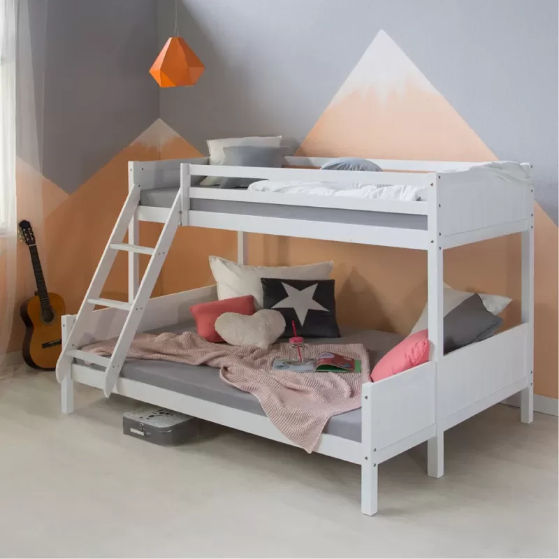 Doppelstockbett 90x200 und 140x200 - Vollholz Etagenbett für Kinder - Farbe: Weiß